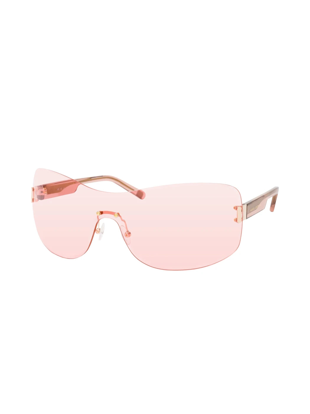 Marcel Ostertag Unisex-Sonnenbrille Swargam in Rosa, randloses Monoscheiben-Glas mit transparenten rosa Bügeln, Dreiviertelansicht