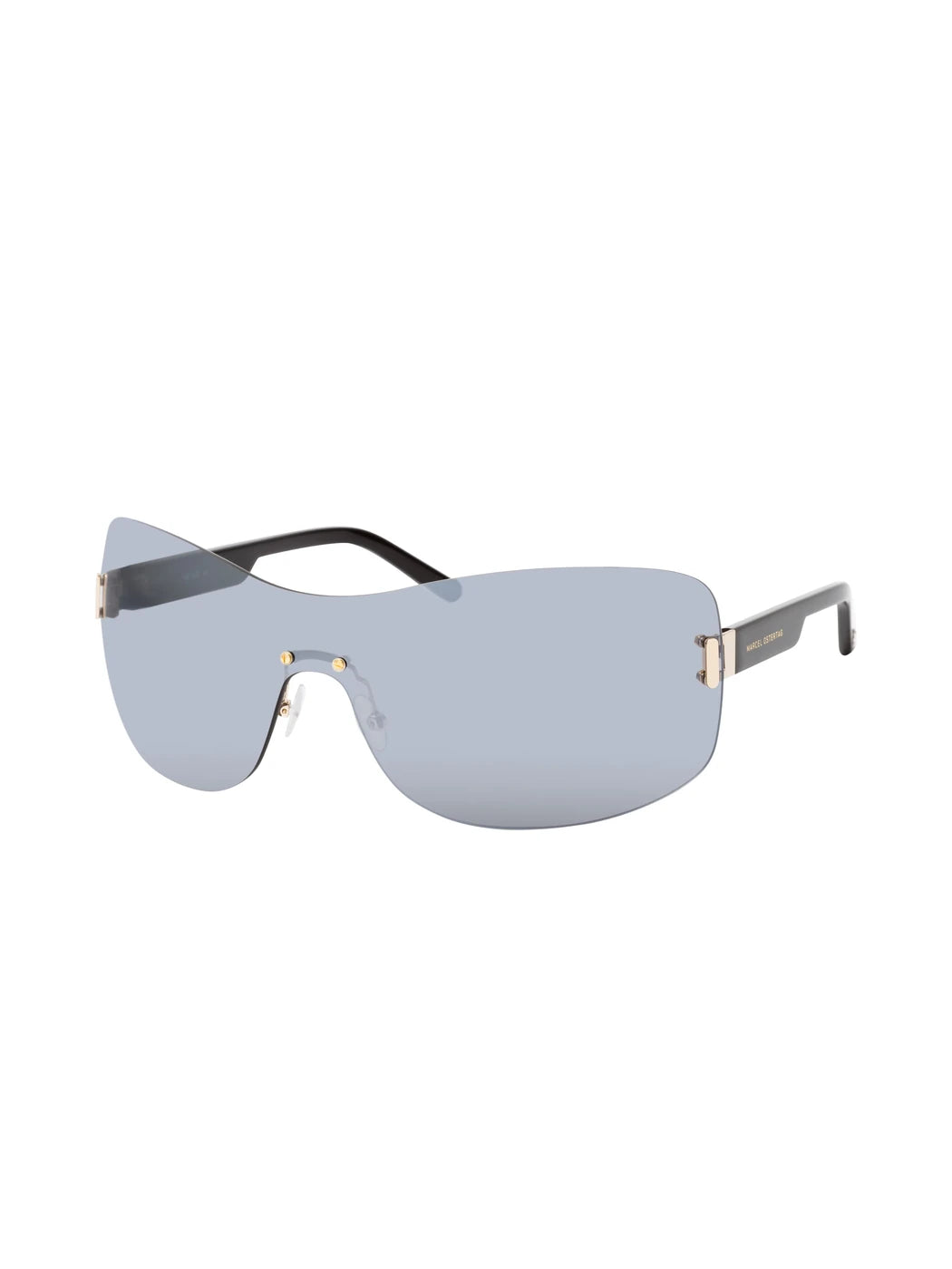 Marcel Ostertag Unisex-Sonnenbrille Swargam in Schwarz-Grau, randloses graues Monoscheiben-Glas mit schwarzen Bügeln, Dreiviertelansicht