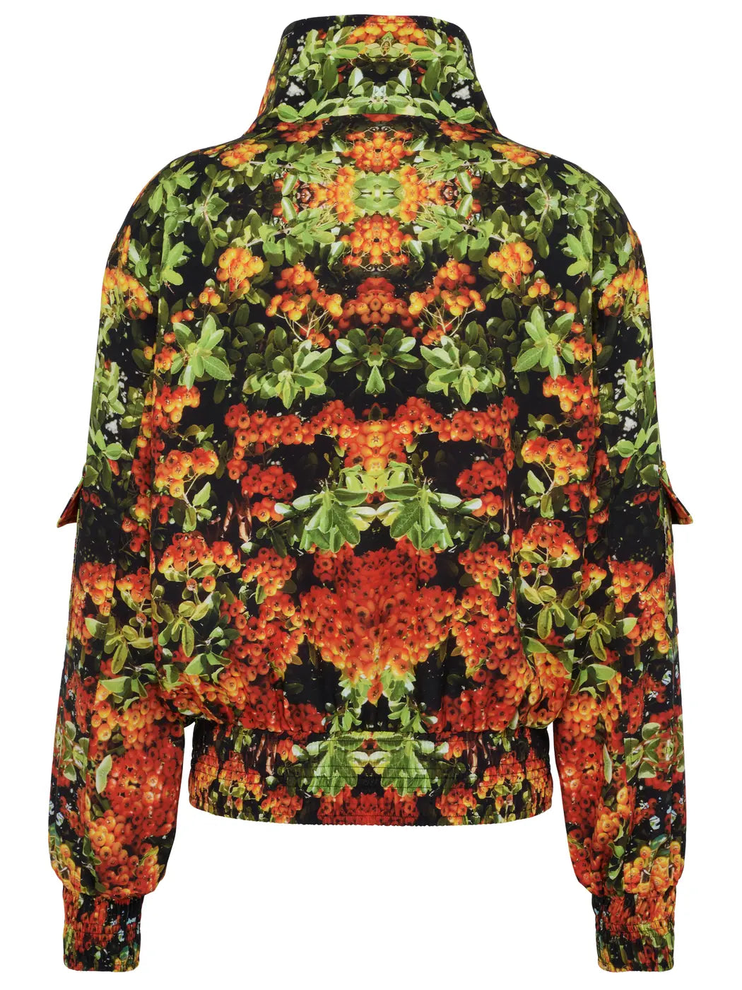 Marcel Ostertag Unisex-Bomberjacke mit Beeren-Print in Multicolor mit Orange, Grün und Schwarz, Rückansicht.