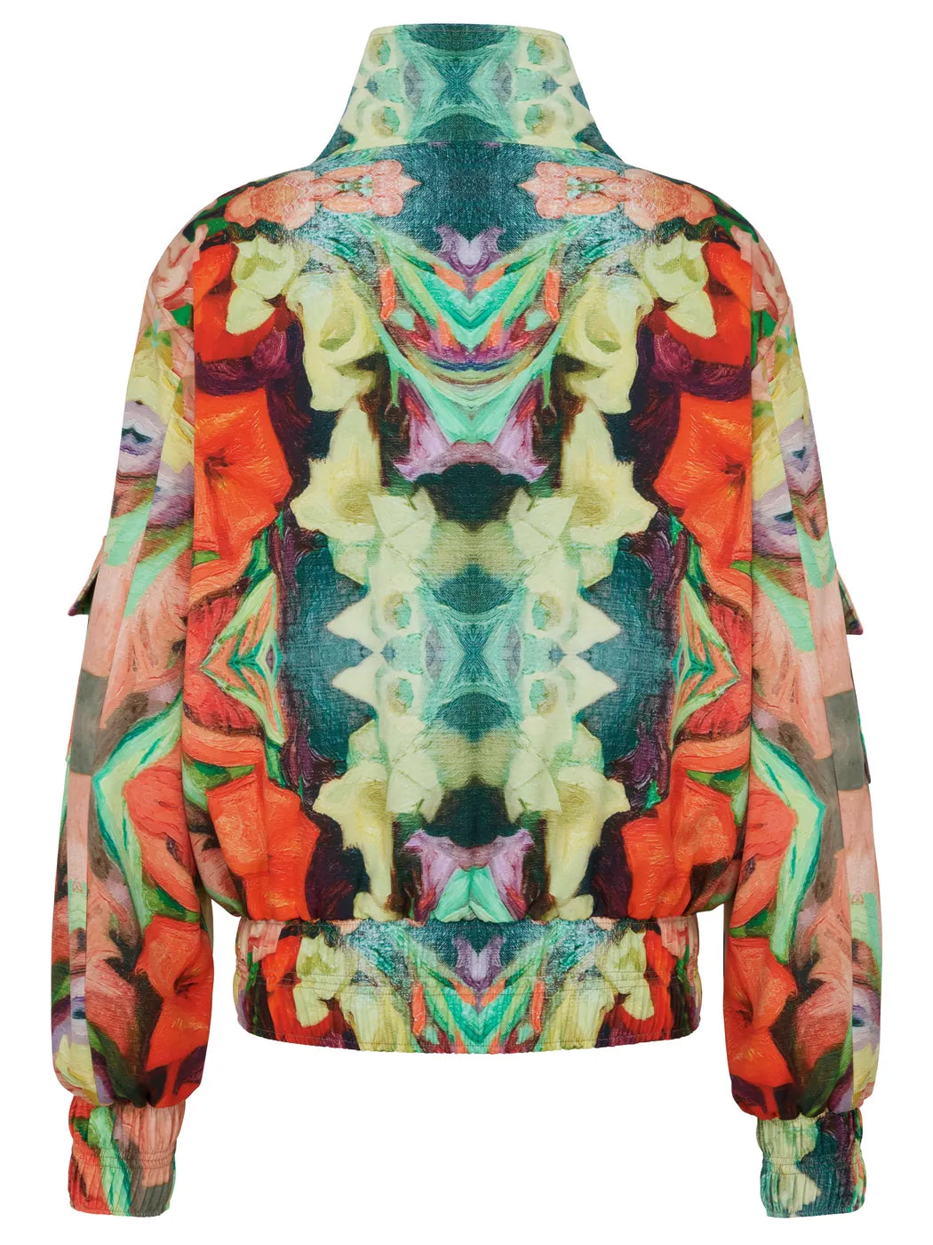 Marcel Ostertag Unisex-Bomberjacke mit Blumen-Print in Multicolor mit Rot, Grün und Gelb, Rückansicht.