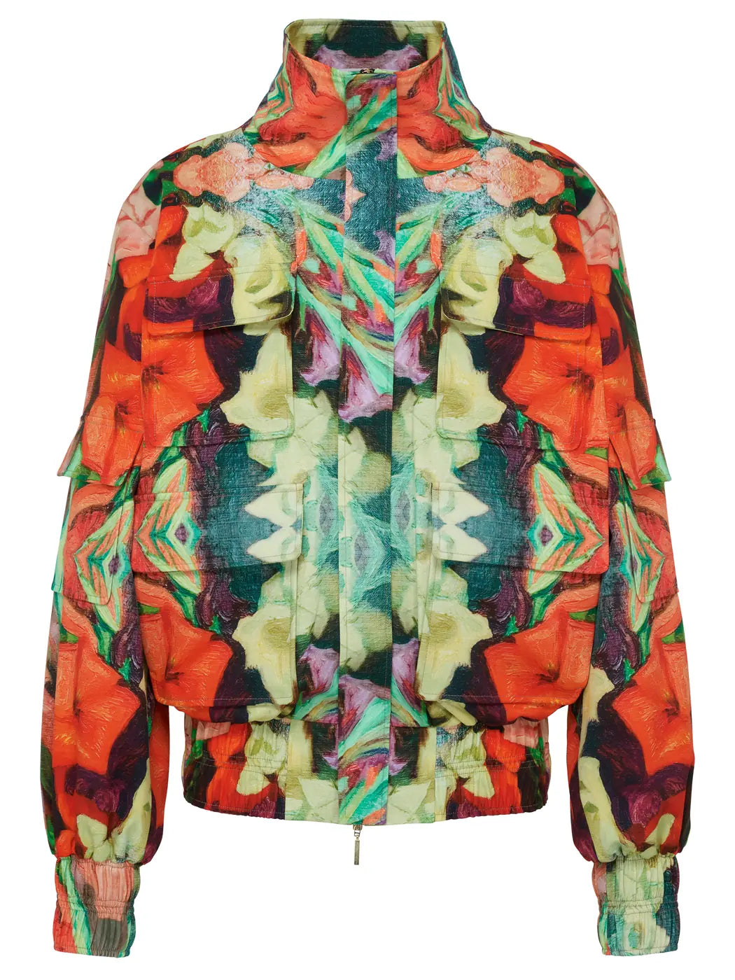 Marcel Ostertag Unisex-Bomberjacke mit hohem Stehkragen und Blumen-Print in Multicolor mit Rot, Grün und Gelb, Vorderansicht.
