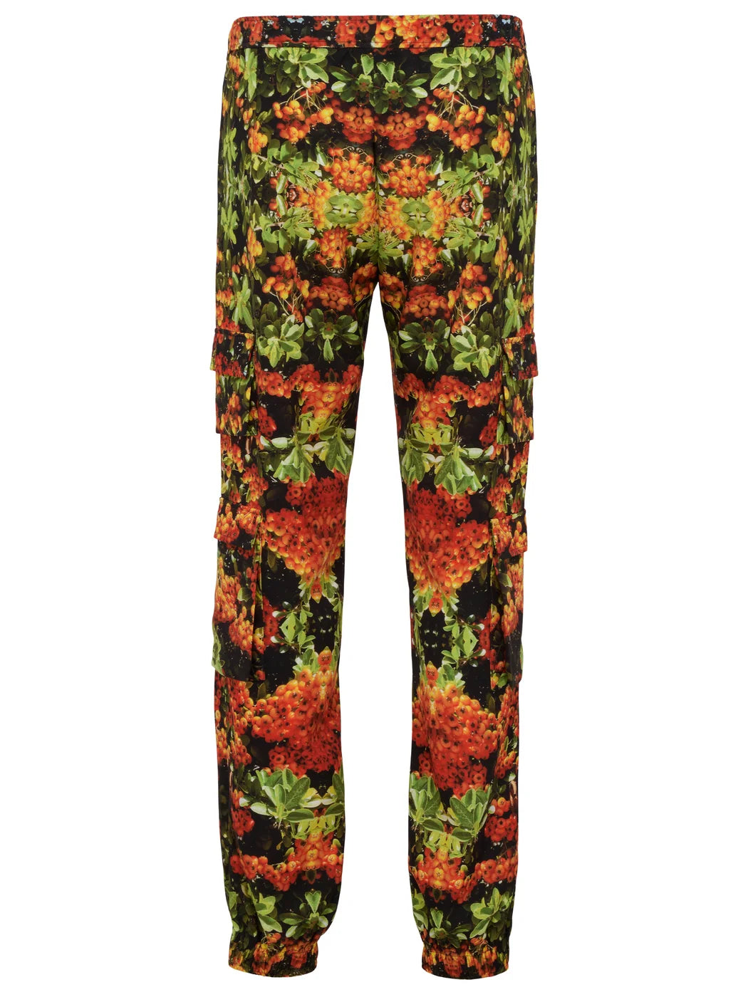 Marcel Ostertag Unisex-Cargohose mit Beeren-Print in Multicolor mit Orange, Grün, Schwarz und Cargotaschen, Rückansicht