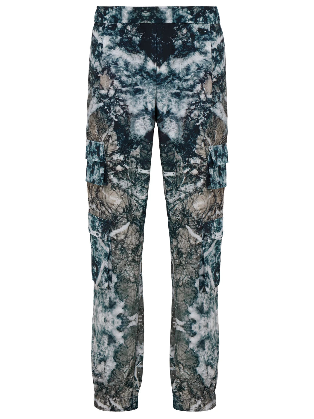 Marcel Ostertag Unisex-Cargohose mit Marmor-Print in Schwarz, Weiss, Grau und Petrol, Vorderansicht.
