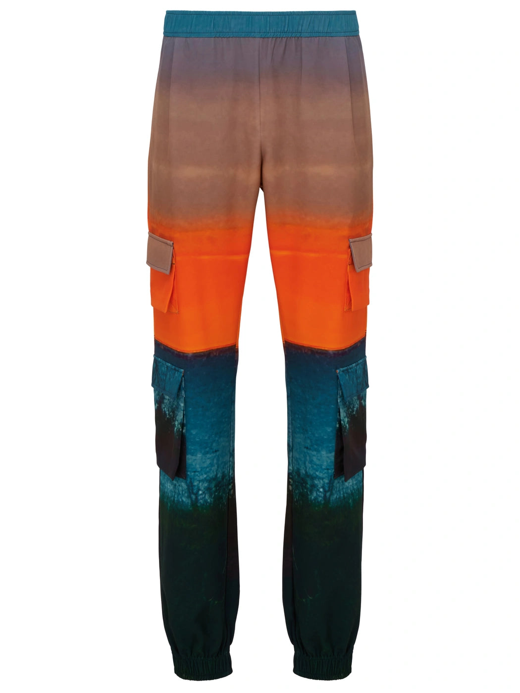 Marcel Ostertag Unisex-Cargohose mit Sonnenuntergang-Print in Multicolor mit Türkis, Orange, Blau und Schwarz, Vorderansicht.