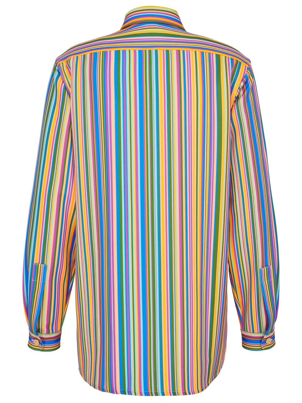 Marcel Ostertag Unisex Hemd und Hemdkleid, kann als beides getragen werden, Streifenprint in Gelb, Grün, Pink, Hellblau und Türkis, Manschettenknopf in Gold, Rückansicht.