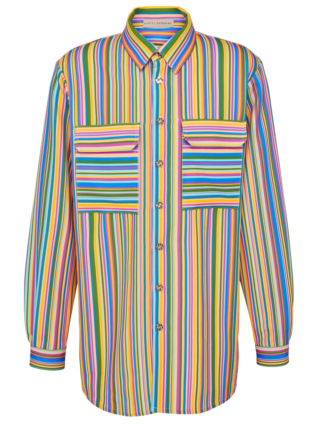 Marcel Ostertag Unisex Hemd und Hemdkleid, kann als beides getragen werden, Streifenprint in Gelb, Grün, Pink, Hellblau und Türkis, aufgesetzte Brusttaschen und Knopfleiste mit Knöpfen in Gold, Vorderansicht.