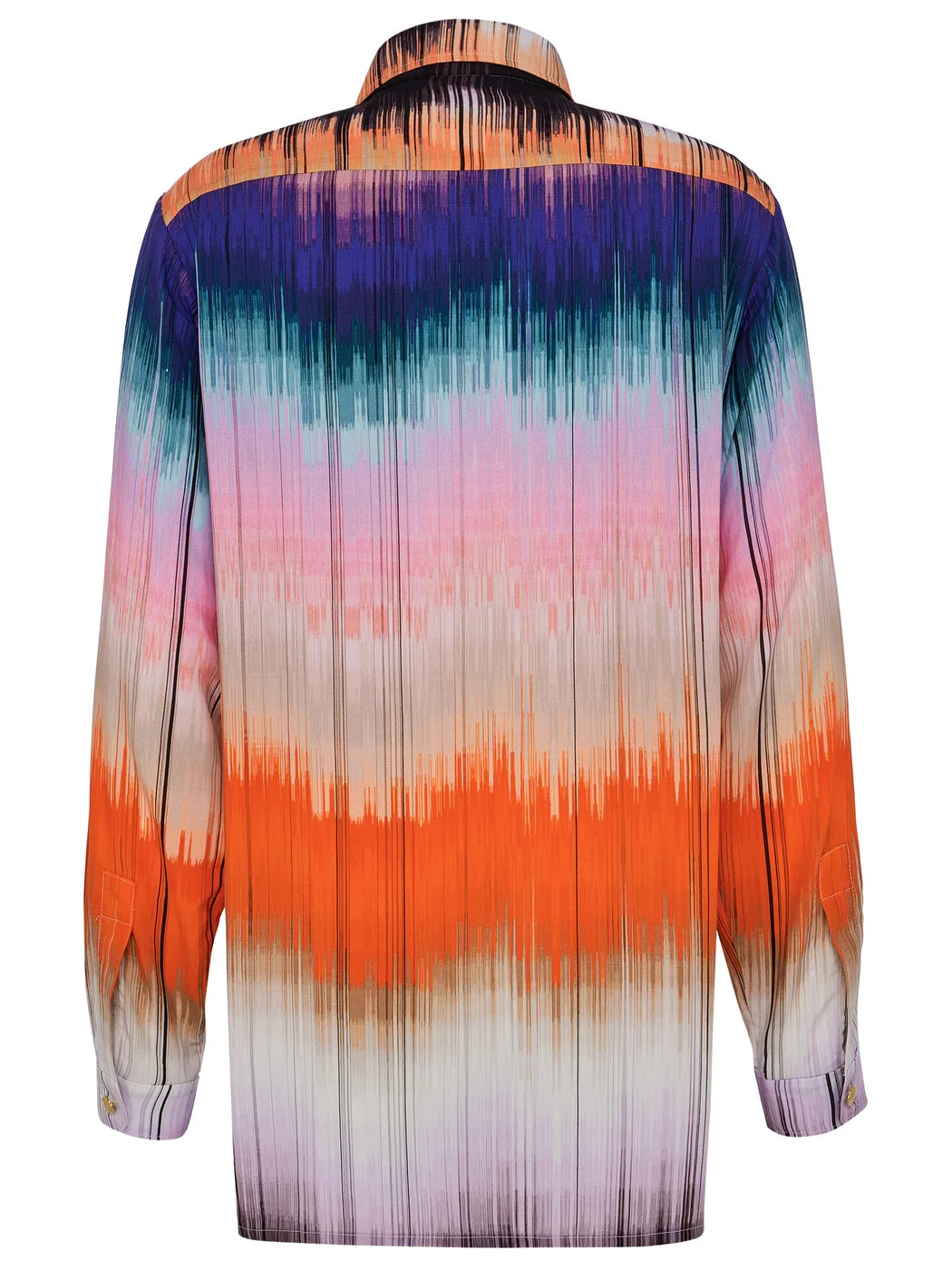 Marcel Ostertag Unisex Hemd und Hemdkleid, kann als beides getragen werden, abstrakter, quer verlaufender Streifenprint in Orange, Rosa, Türkis, Lila und Weiss, Rückansicht.