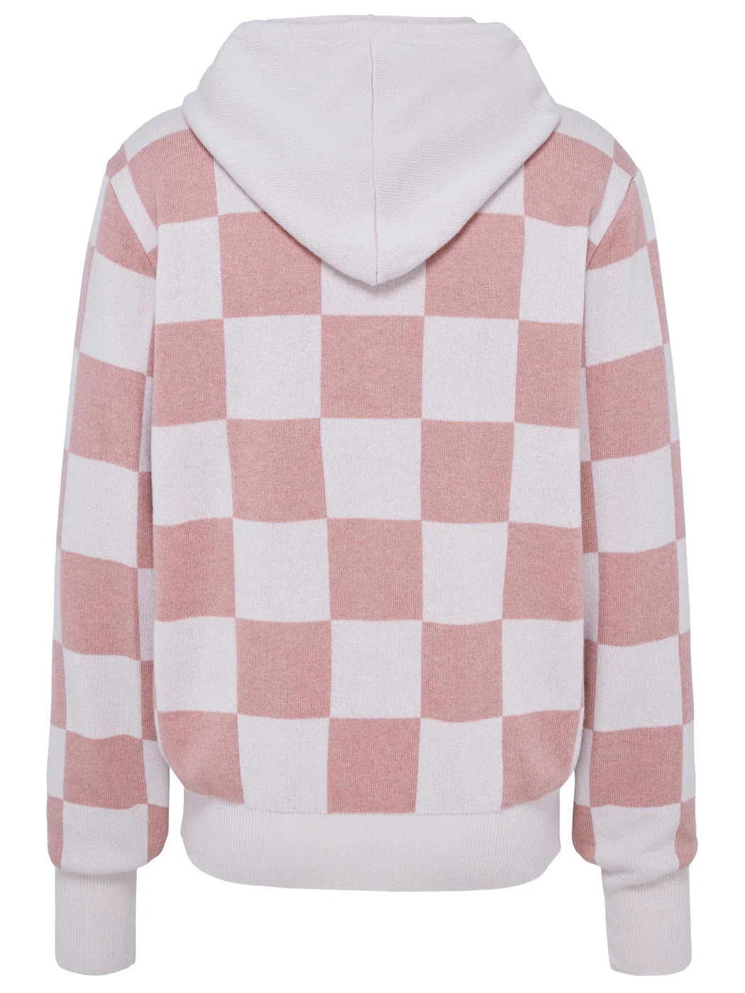 Marcel Ostertag Unisex Hoodie mit Schachbrettmuster in Altrosa und Nude, Kapuze in komplett Nude, Rückansicht.