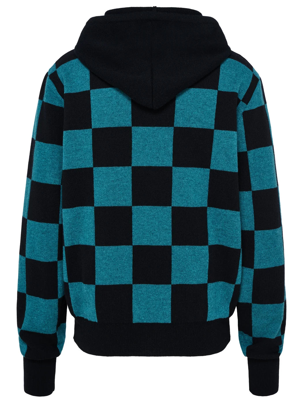 Marcel Ostertag Unisex Hoodie mit Schachbrettmuster in Petrol und Schwarz, Kapuze in komplett Schwarz, Rückansicht.
