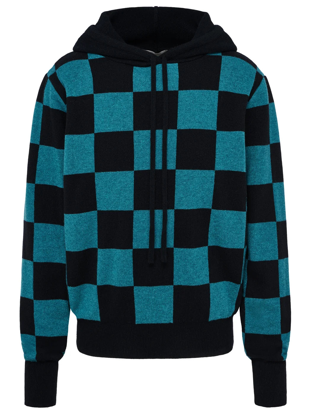 Marcel Ostertag Unisex Hoodie mit Schachbrettmuster in Petrol und Schwarz, Vorderansicht.