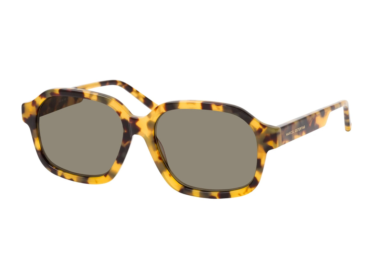 Marcel Ostertag Rechteckige Sonnenbrille Paratiisi R31, Dark Havanna Optik, Gläser in Braun, Dreiviertelansicht.