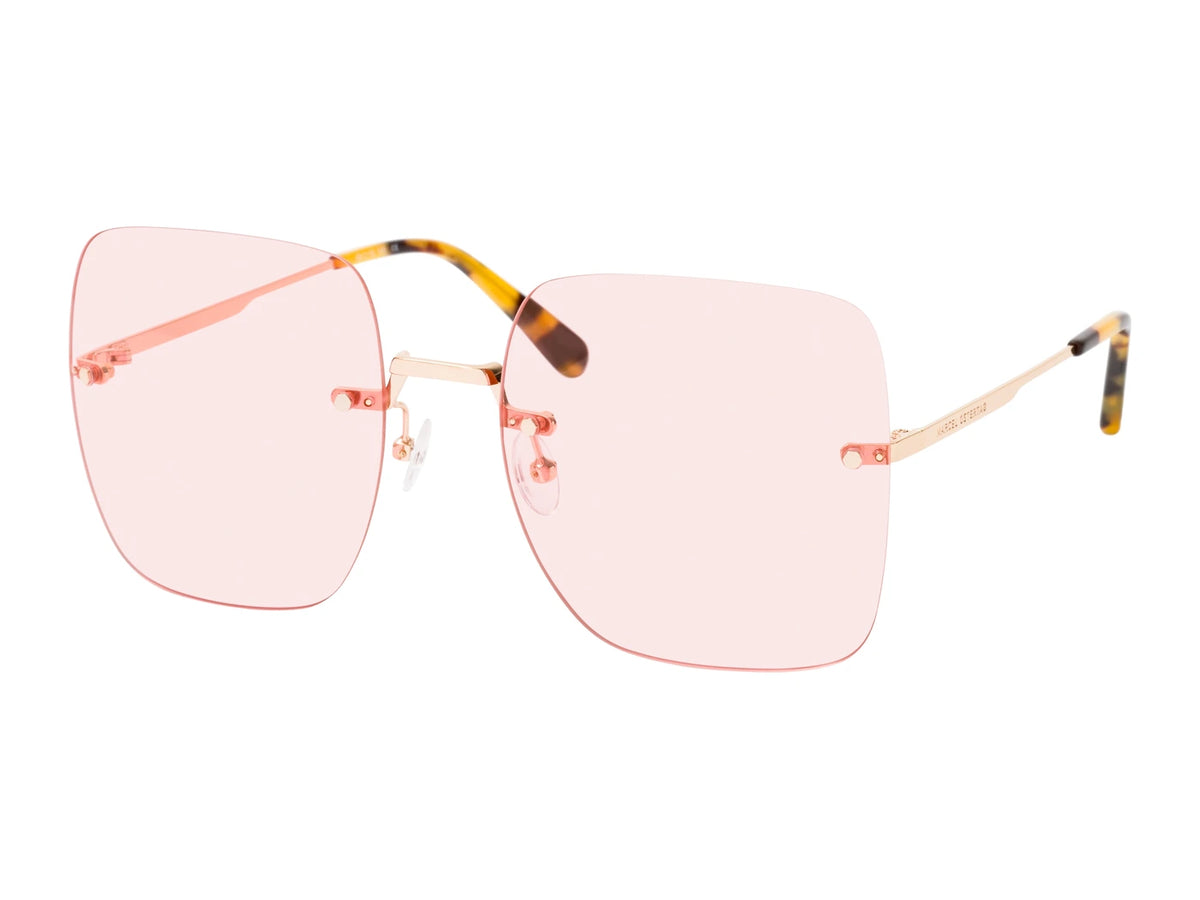 Marcel Ostertag Randlose Sonnenbrille Paradis H11, Quadratische Gläser in Rosa, goldene Metallbügel, Bügelende in Dark Havanna Optik, Dreiviertelansicht.