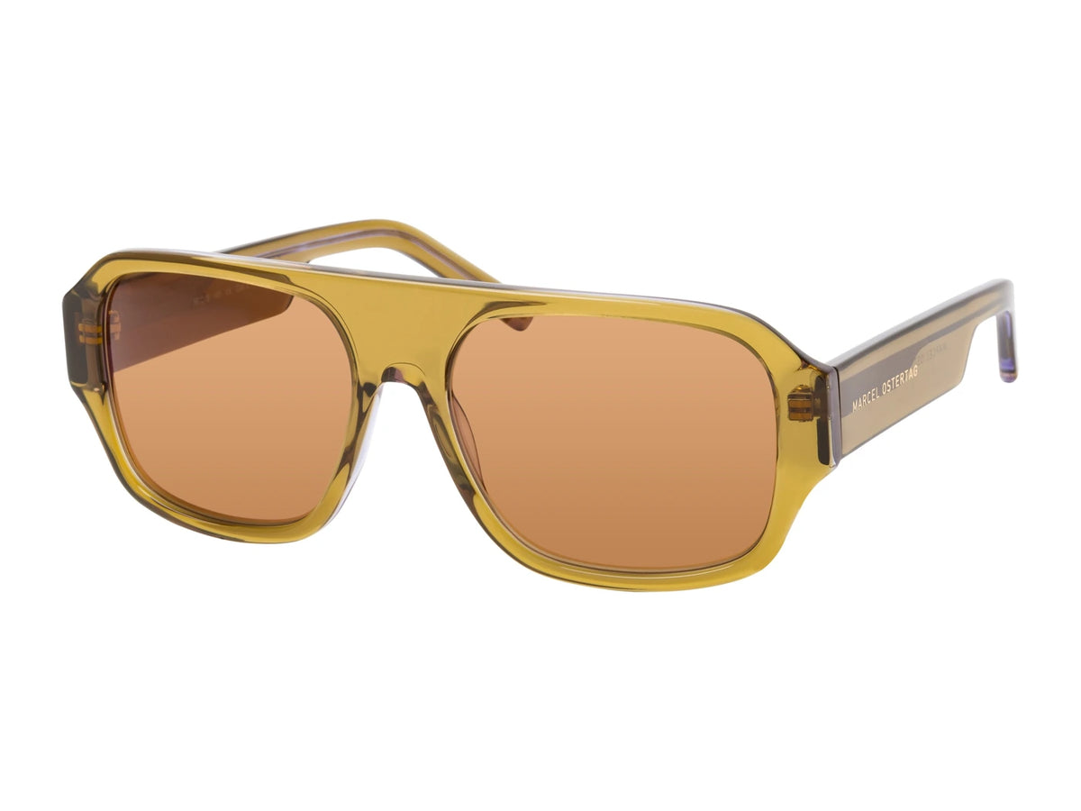 Marcel Ostertag Eckige Piloten-Sonnenbrille Ghaala P22, Gestell in transparentem Olivgrün, Gläser in Braun, Dreiviertelansicht.