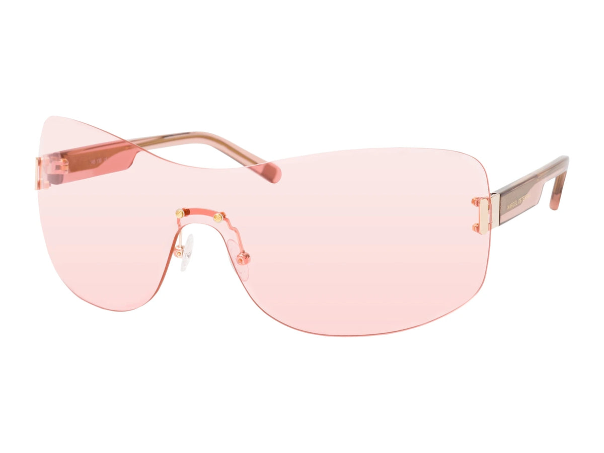 Marcel Ostertag Randlose Sonnenbrille Swargam K13, transparente rosa Bügel, durchgehendes rosa Glas in Monoscheiben-Style, Dreiviertelansicht.