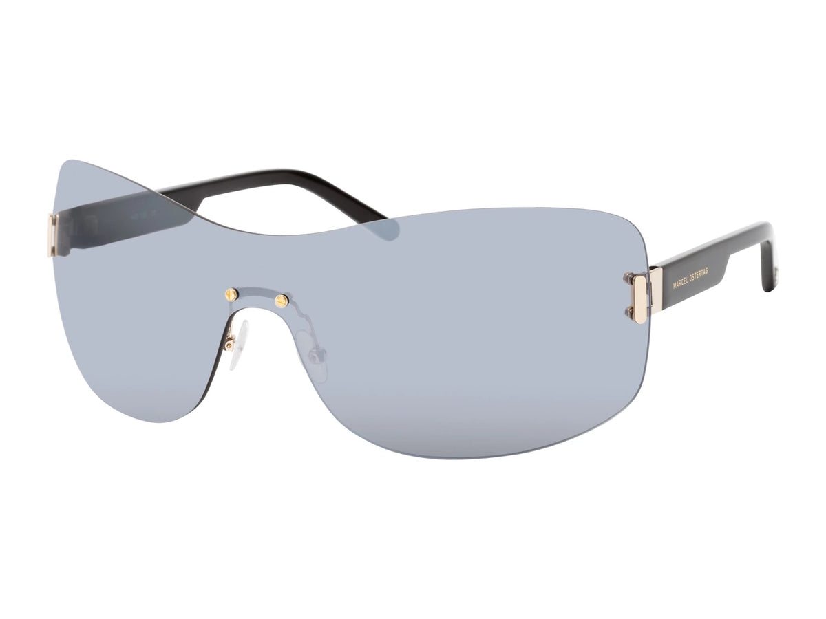 Marcel Ostertag Randlose Sonnenbrille Swargam S22, schwarze Bügel, durchgehendes graues Glas in Monoscheiben-Style, Dreiviertelansicht.